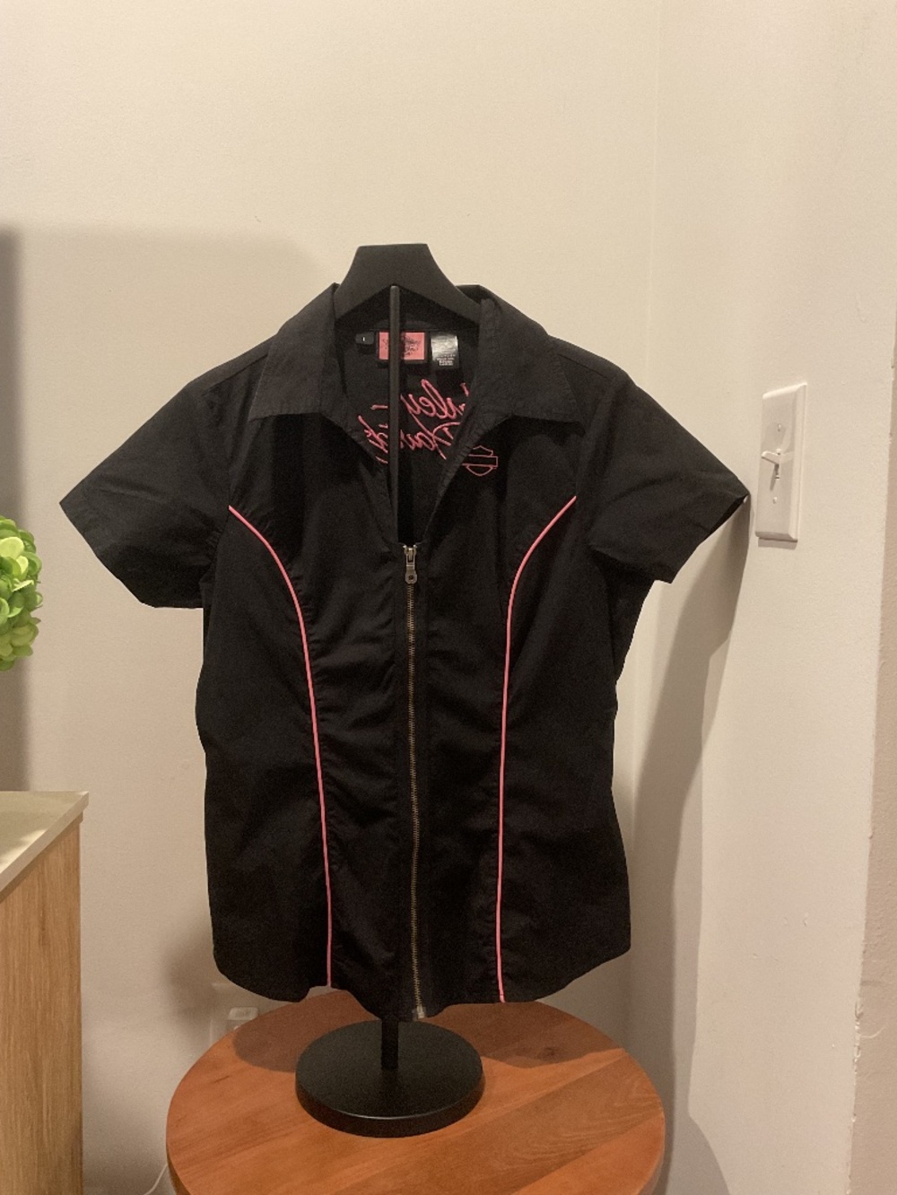 Harley Davidson Pink Label Womens L Black Pink Embroidered Zip Shirt